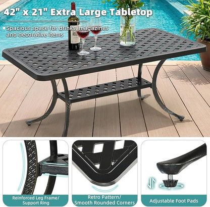 MEETWARM Outdoor Cast Aluminum Coffee Table, 42" Rectangle Patio Coffee Table with 2-Tier Storage Shelf, All-Weather Heavy Duty Patio Side Table for Outside Poolside Deck Garden & Indoor, Dark Bronze