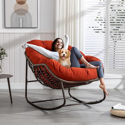 Large Indoor Outdoor Rocking Chair, Oversized Rocking Papasan Chair with Thick Cushion and Frame Outdoor Rocker, Comfy Wicker Egg Chairs Lounge for Outside Porch Patio Backyard (Red, Set of 2)