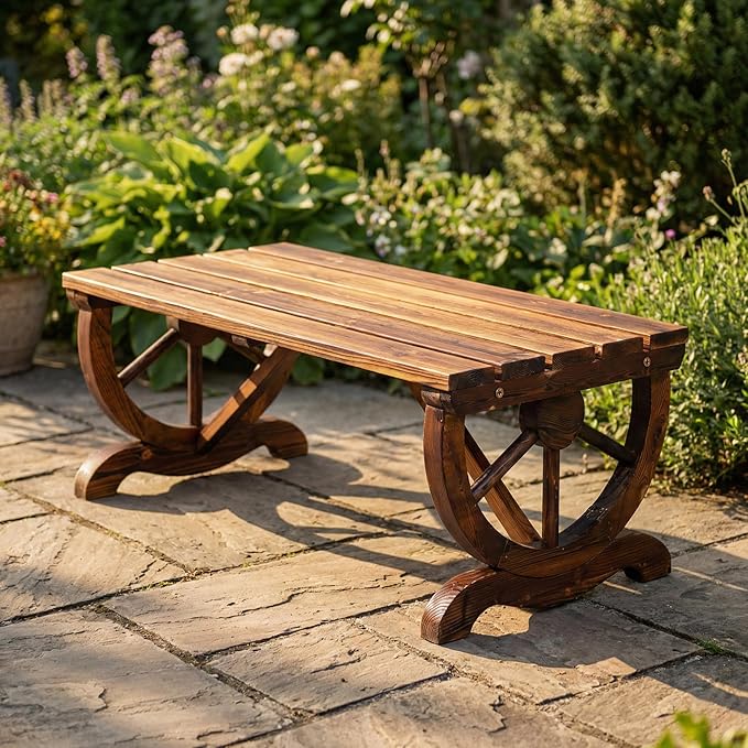 2-Person Rustic Garden Bench, Outdoor Wagon Wheel Wood Bench for Patio Backyard Deck, Carbonized Fir Wood Slat Seat Furniture with 660lbs Load Capacity, Brown, 38.6" L x 19.7" W x 15.8" H