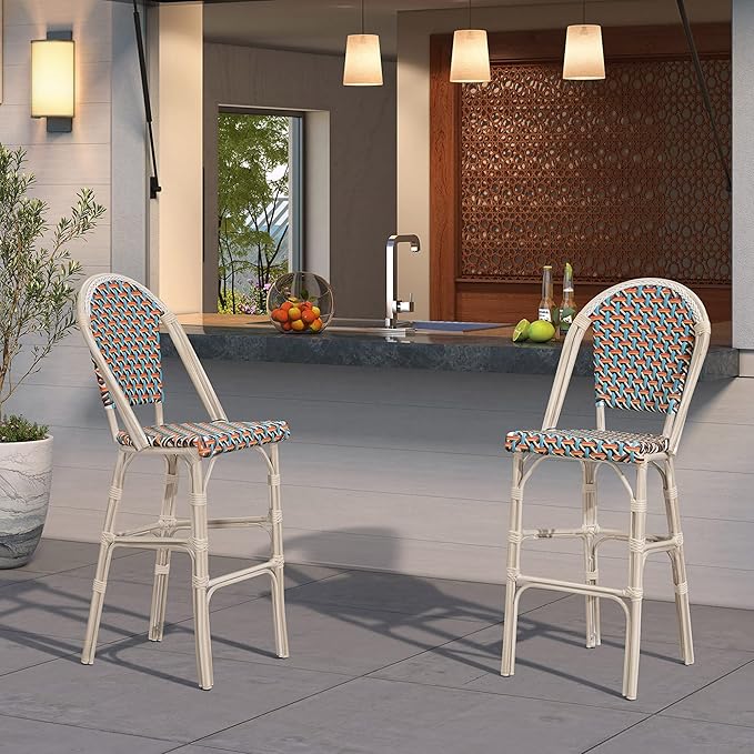 PURPLE LEAF French Bar Stool Set of 4 White Print Finish Patio Bar Stools with Back Rattan Bar Chairs Wicker Bar Height - Photo 3