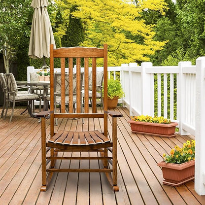 Outdoor Wooden Rocking Chair for Poolside & Porch, Sturdy Construction Patio Chairs with 20.8" Wide Seat & Arm Rest, Perfect for Relaxing Balcony Backyard Easy Assembly, Wood Color