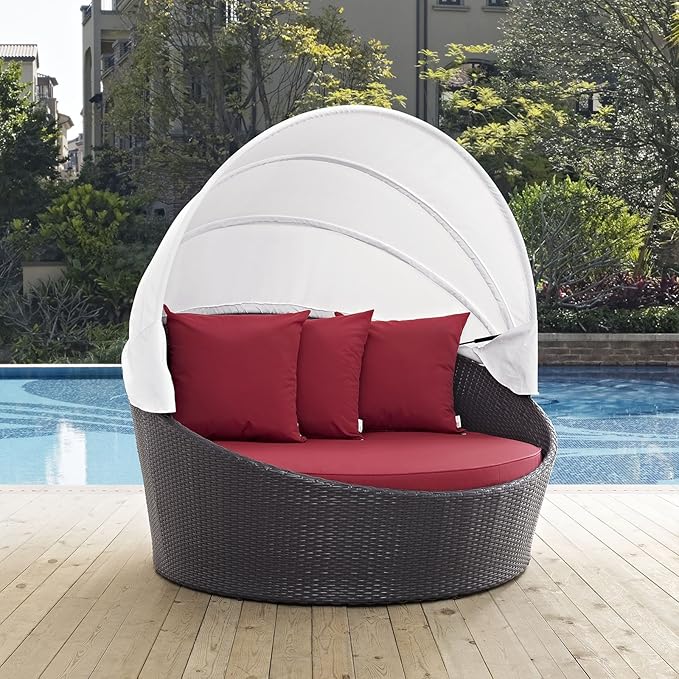 Modway Convene Wicker Rattan Outdoor Patio Retractable Canopy Round Poolside Sofa Daybed in Espresso Red