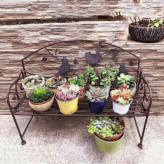 Outdoor Wrought Iron Patio Garden Bench, Vintage Decor Bird-Shaped Patio Balcony Metal Kids Bench Multipurpose Planter, Weatherproof Porch Chair, Lightweight