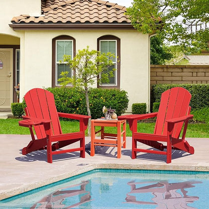 FOOWIN Folding Adirondack Chair Set of 2, HDPE Adirondack Chairs with Cup Holder, Weather Resistant Plastic Fire Pit Chairs for Outdoor, Patio, Lawn, Garden, Backyard, Deck, Red