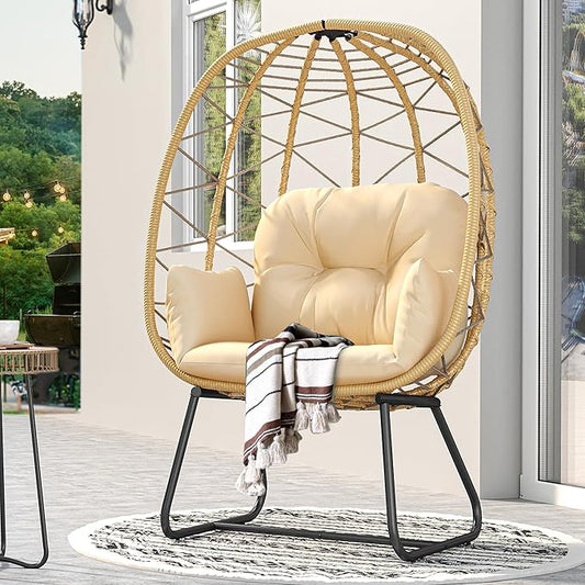 YITAHOME Egg Chair with Stand Outdoor Indoor Egg Lounge Chair with Cushion Wicker Chair PE Rattan Chair Included for Patio, Garden, Backyard, Porch, Beige