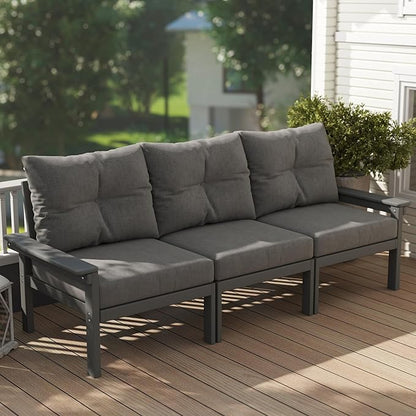 Grey HDPE Patio Sofa Set, 3-Piece Sectional Outdoor Patio Furniture Set, All Weather Outdoor Couch Set with Washable Thick Cushions for Lawn, Garden, Deck, Balcony, Porch, Poolside, Yard