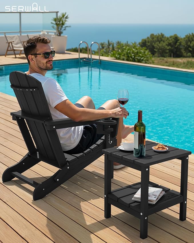 SERWALL 2-Tier HDPE Outdoor Side Table, Weatherproof Rectangular Adirondack Side Table, Black - Photo 2