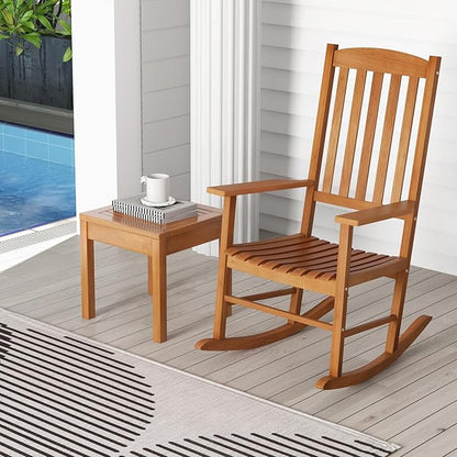 Tangkula Patio Rocking Chair with 400 lbs Weight Capacity, Eucalyptus Wood Porch Rocker with High Back, Patio Rocker Chair for Indoor and Outdoor Use (2)