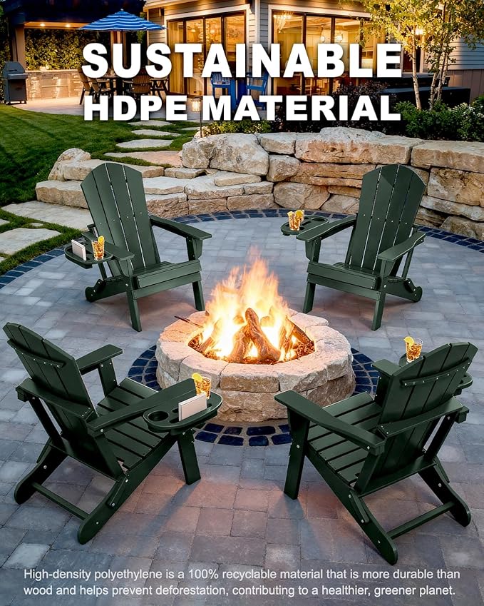 Adirondack Chair Set of 4, HDPE Folding Adirondack Chair with Multifunctional Cup Holder - Photo 5