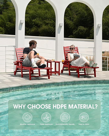 Lounge Chair Outdoor Set of 2, HDPE Chaise Lounge Outdoor, Pool Lounge Chair for Pool Poolside Deck Backyard Patio, Red