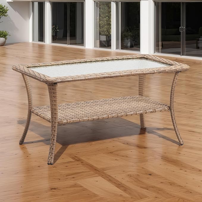 Rilyson Patio Tables Outdoor Coffee Table - Wicker Rattan Coffee Tables with 2-Tier Storage Shelf Glass Top for Outside Proch Deck Balcony Garden Rectangle Yellow