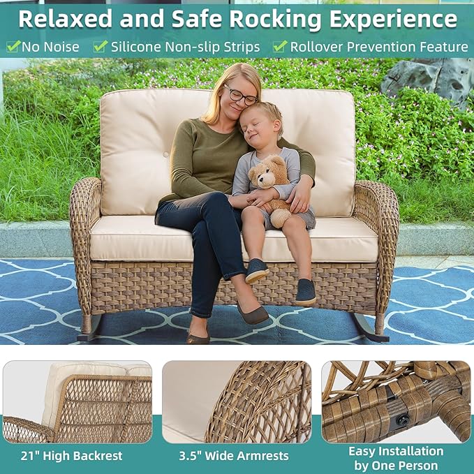 MEETWARM Outdoor Double Rocking Chair with Coffee Table, Oversized Loveseat Rocker with Thick Cushion for 2-Person，All-Weather 600 lbs Heavy Duty Rocking Bench Large Loveseat Patio Sofa for Garden
