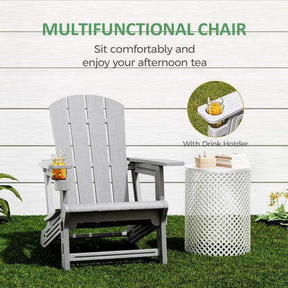 FONTOI Adirondack Chair, Outdoor Weather Resistant Lawn Furniture, Plastic Adirondack Chair with Cup Holder, 400 LBS Capacity Recliner, Garden Backyard Patio Without Screws Install, Grey