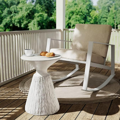 SUNBURY White Outdoor Side Table, Concrete Side Table, Mushroom Round Accent Table Plant Stand,Outside End Marble Garden Stool for Patio, Poolside, White