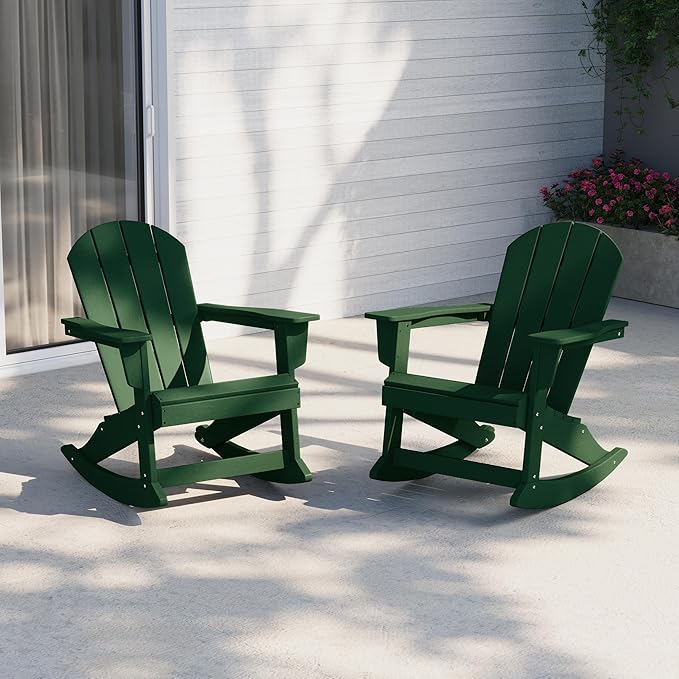 Costaelm Outdoor Adirondack Chair Set of 2, All Weather Resistant Classic Balcony Chair and Fire Pit Chairs, Plastic Outdoor Porch Furniture Rocking Chair High Back HDPE Poly Lumber, Dark Green
