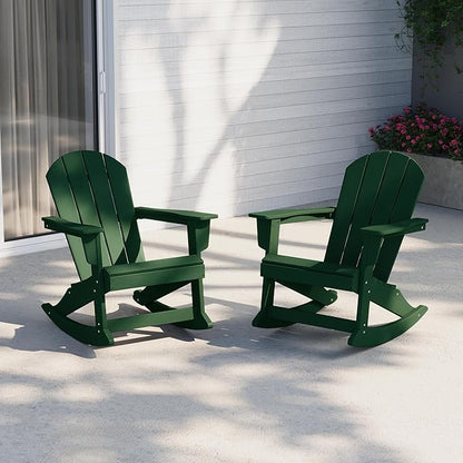 Costaelm Outdoor Adirondack Chair Set of 2, All Weather Resistant Classic Balcony Chair and Fire Pit Chairs, Plastic Outdoor Porch Furniture Rocking Chair High Back HDPE Poly Lumber, Dark Green