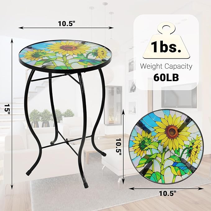 Small Side Table with Metal Frame, 10.5" Round Side Tables with Sunflower Pattern,Outdoor Table for Balcony,Terrace,Garden,Living Room