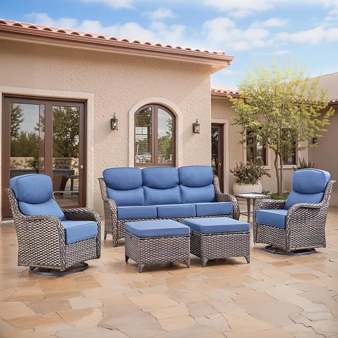 Swivel Patio Chairs sofa Set of 6 - 6" Thick Cushion - Wicker Outdoor Swivel Rocker Patio Chair, Sofa/Glass coffee table - Photo 1