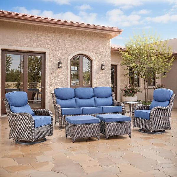 Swivel Patio Chairs sofa Set of 6 - 6" Thick Cushion - Wicker Outdoor Swivel Rocker Patio Chair, Sofa/Glass coffee table - Photo 1