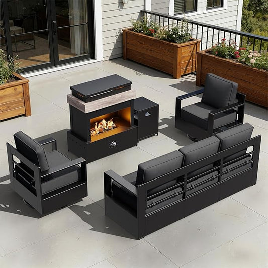 Outdoor Aluminum Furniture Set, 4-Piece Patio Conversation Set, 2 Swivel Chairs, 1 Sofa and 1 Fireplace, All-Weather Metal Frame, 6" Thick Removable Cushions, Deep Setting for Garden and Porch