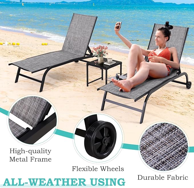EROMMY Patio Chaise Lounge Chair Set of 2 with Table, Adjustable Backrest & Wheels, Oversized 26" W Outdoor Poolside Recliners for Garden, Deck, Lawn, Backyard