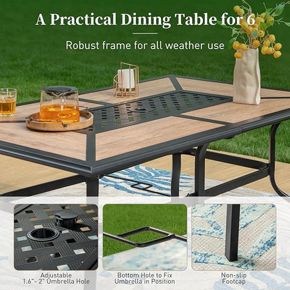 61" Patio Dining Table for 6,Teak Color Rectangle Patio Table with Umbrella Hole,E-Coating and Powder Coating Steel Frame Metal Outdoor Patio Table for Garden Backyard Lawn Yard