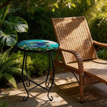 15 Inch Tall Outdoor Patio Table, Foldable Metal Turtle Table with Mosaic Design, Shatterproof Small Patio Table for Balcony Porch, Rust Resistant Mosaic Outdoor Side Table Style