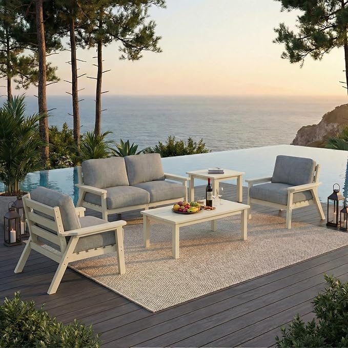 HDPE Patio Furniture Set 4 Seats, Outdoor Couch with Washable Thick Gray Cushions & Coffee Table & Side Table, Outdoor Sectional Furniture for Backyard, Deck, Lawn, Porch (White Frame)