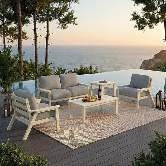 HDPE Patio Furniture Set 4 Seats, Outdoor Couch with Washable Thick Gray Cushions & Coffee Table & Side Table, Outdoor Sectional Furniture for Backyard, Deck, Lawn, Porch (White Frame)