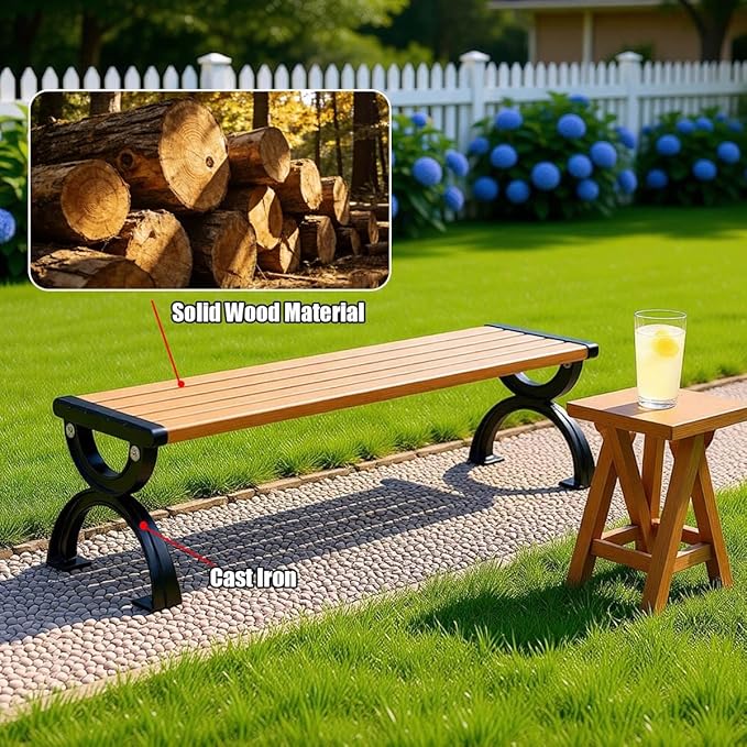 Outdoor Garden Bench, Cast Iron Metal Frame Patio Park Bench with Solid Wood Slatted Seat 47" 59" 71" Weather Proof Porch Benches for Porch, Lawn, Yard(Oranges,180cm/70.9")