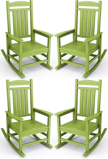 KINGYES HDPE Outdoor Rocking Chair Set of 4, All-Weather Poly Patio Rocking Chairs with 330lbs Support for Adults, Pistachio Green
