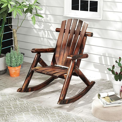 Tangkula Wood Outdoor Rocking Chairs Set of 2, Outside Adirondack Rocker with High Back and Slatted Seat, Oversized Porch Rocking Chair for Balcony, Garden, Backyard, Patio