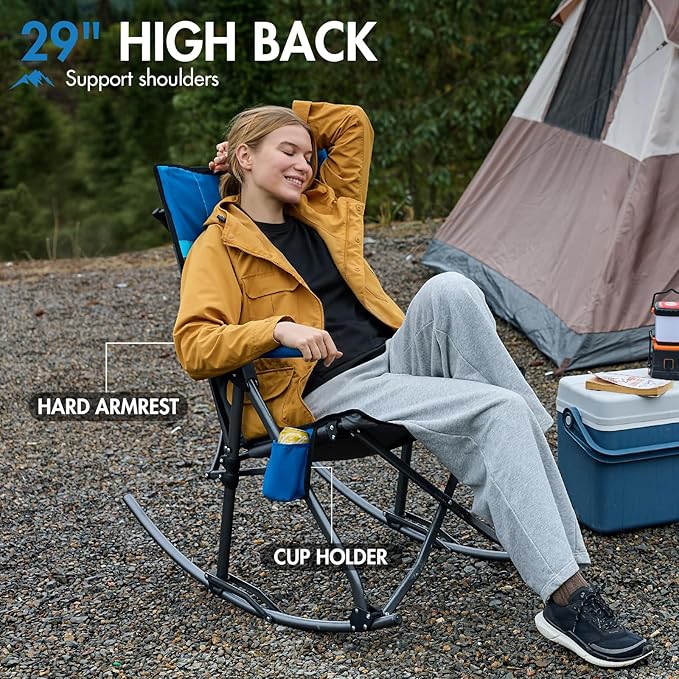 Portal Oversized Folding Rocking Camping Chair Portable Outdoor Rocker with High Back Hard Armrests Carry Bag, Supports 400 lbs, Padded Back, Grey&Blue