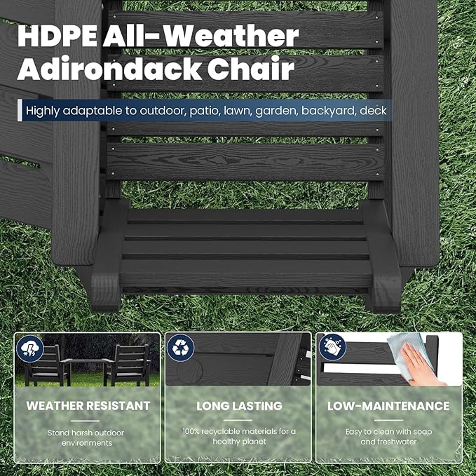 PLUUV Tall Adirondack Chairs Set of 2, All Weather HDPE Poly Bar Height Balcony Adirondack Chair with Removable Double Connecting Trays, Outdoor Adirondack Barstools for Deck, Patio, Yard, Pool, Lawn
