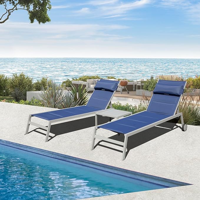 Domi Patio Chaise Lounge Set of 2 with Side Table, Adjustable Full Aluminum Pool Lounge Chairs with Wheels - Photo 8