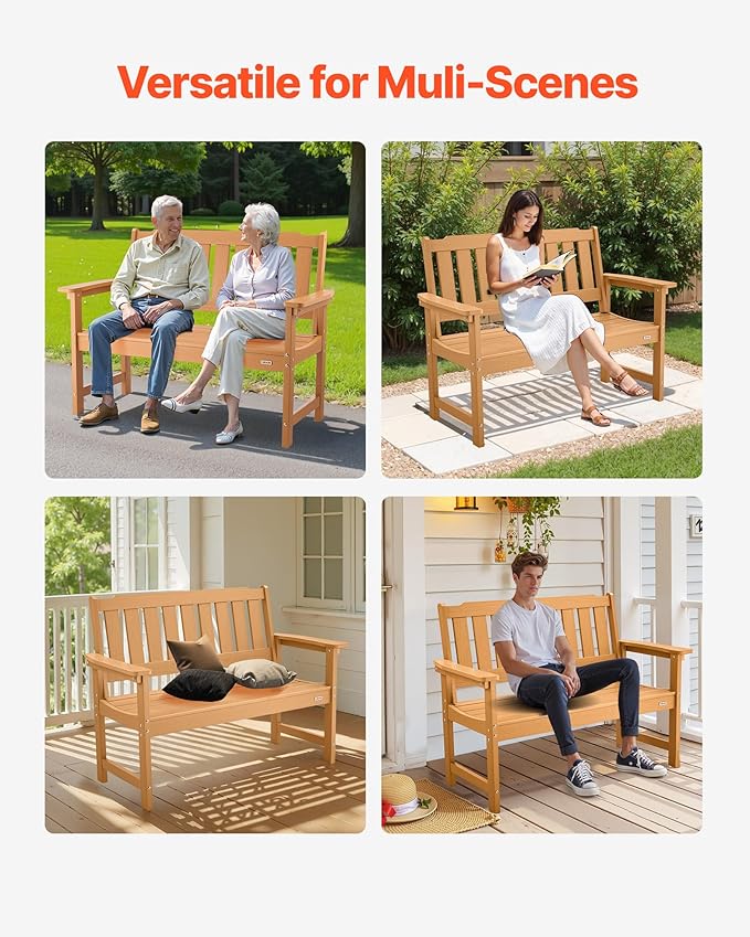 VEVOR Outdoor Bench, 50.5 inch, 800 lbs Weight Capacity for 2-3 Persons, Weatherproof Plastic Frame with Backrest and Wide Armrests, Outside Bench for Patio, Garden, Park, Yard, Natural Wood Color