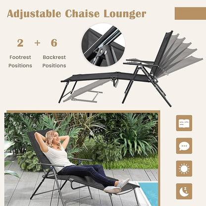 Giantex Lounge Chair Outdoor Set of 2 - Tanning Chair with 6 Adjustable Backrest, 2-Level Footrest, Folding Sunbathing Lounger for Patio, Poolside, Yard, Chaise Lounge Chair, Beach Chair (Black)