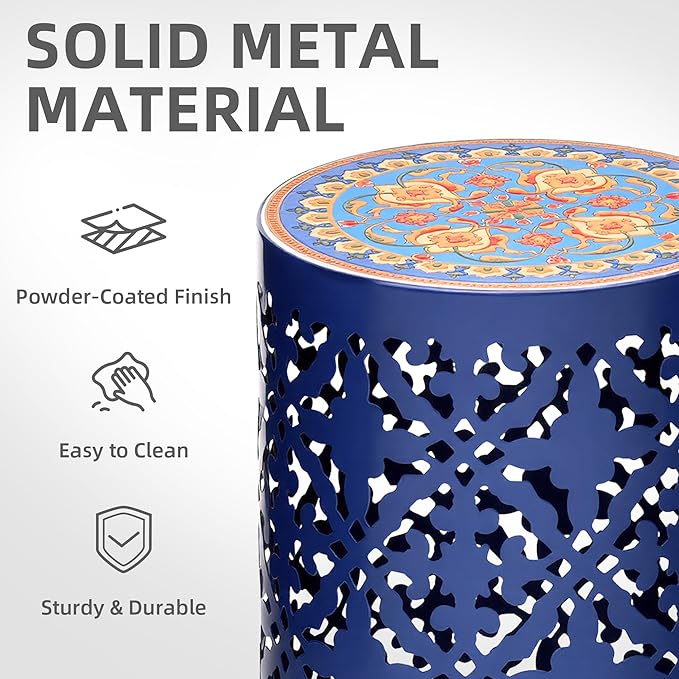 2-Pack Outdoor Side Table, Modern Decorative Coffee Table with Vintage Scroll Cut-Out Design, Heavy Duty Metal Mosaic Table with No Assembly, Industrial Round Garden Stool for Patio, Indoor