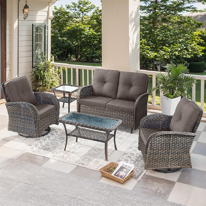 5 Pieces Patio Furniture Set-Outdoor Rocking Chairs Set of 2 Outdoor Glider Bench with Wicker Outdoor Coffee Table for - Photo 1