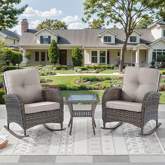Outdoor Rocking Chairs Set of 2-Patio Table and Chairs Set Outdoor Conversation Furniture Sets for Deck Porch Garden Balcony Poolside-Brown/Beige