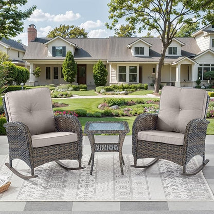 Outdoor Rocking Chairs Set of 2-Patio Table and Chairs Set Outdoor Conversation Furniture Sets for Deck Porch Garden Balcony Poolside-Brown/Beige