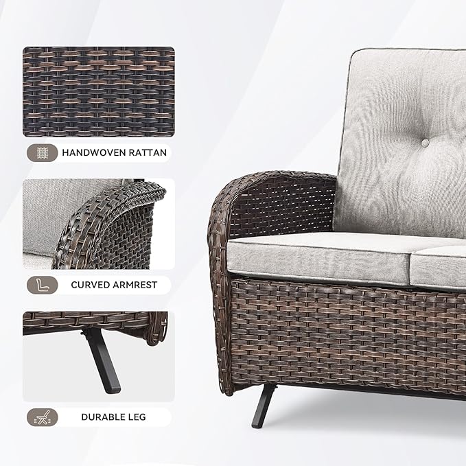 Patio Loveseat Wicker Loveseat Rattan Glider Sofa with Curved Armrest Thicking Back & Seat Cushions for Garden Balcony - Photo 4