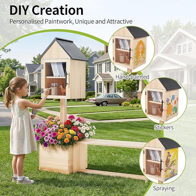 3-in-1 Outdoor Library Book Exchange Box with Bench & Planter Solid Pine Wood DIY Neighborhood Share Box Ground Mount Kit for Garden, School, Community