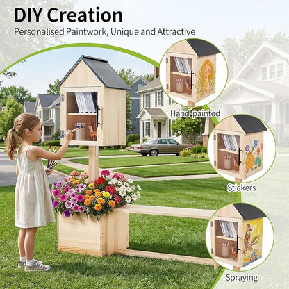 3-in-1 Outdoor Library Book Exchange Box with Bench & Planter Solid Pine Wood DIY Neighborhood Share Box Ground Mount Kit for Garden, School, Community