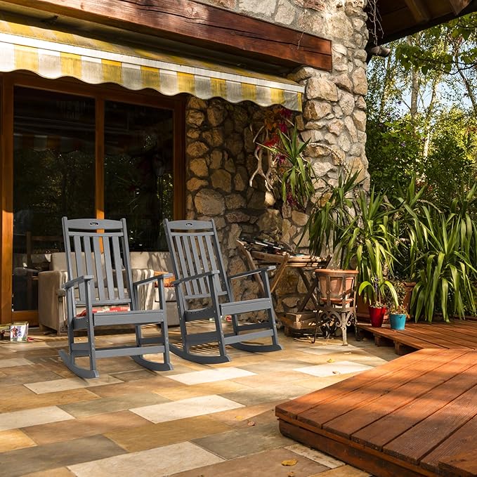 FUNBERRY Outdoor Rocking Chairs, HDPE All Weather Poly Lumber Rocker, High Back Patio Rockers Easy Assembly