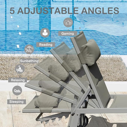 Domi Patio Chaise Lounge Set of 3, Outdoor Lounge Chair, Aluminum Textilene Padded 5 Position Pool Lounger, Stackable Lounge Chair w/Headrest, Wheels, Side Table, for Beach Backyard Lawn, Grey