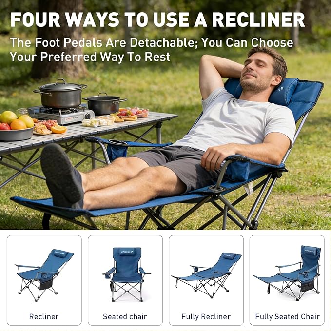 Zero Gravity Chair, Reclining Camping Chair with Padded Pillow, Cup Holder, Storage Pocket & Carry Bag, 4-in-1 Portable Camping Recliner for Outdoor, Beach, Garden, and Backyard - Blue Mesh