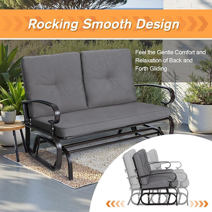 Incbruce Outdoor Textilene Glider Rocking Chair Patio Glider Bench for 2 Person, Porch Loveseat Seating Patio Steel Frame Chair Set with Cushion for Porch, Patio, Garden (Grey)