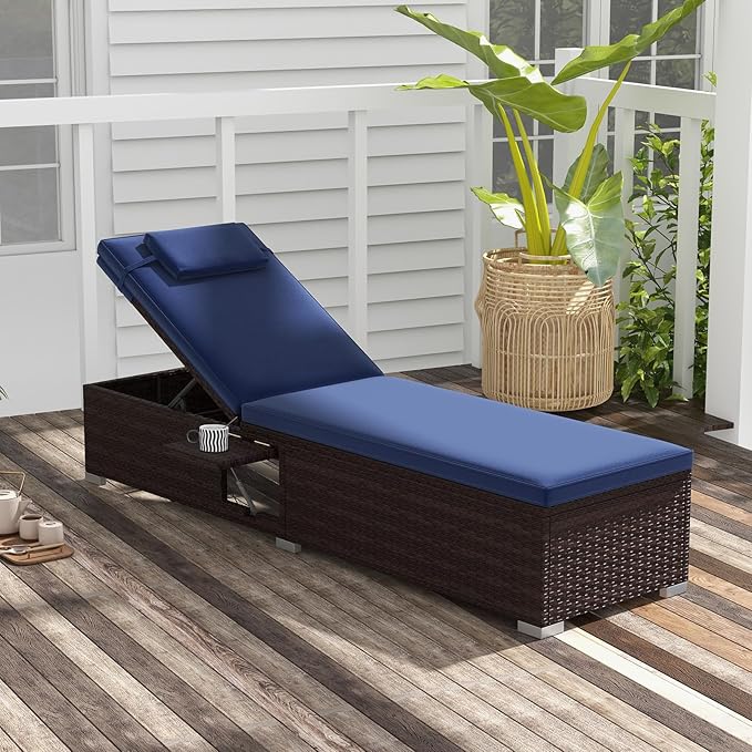 Tangkula Patio Chaise Lounge Set of 2, Outdoor Rattan Lounge Chair with 6-Level Backrest, Comfy Seat Cushion & Headrest - Photo 5