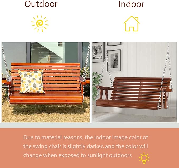 Outsunny Porch Swing with Chains and Cupholders, 2 Person Wooden Patio Swing Chair, 440 lbs. Weight Capacity, for Garden - Photo 6